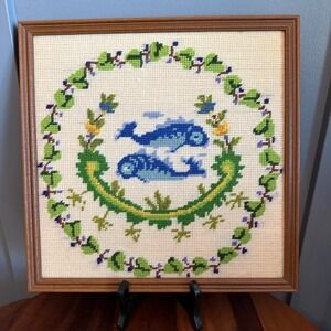 Vintage Needlepoint Fish Art Framed 13x13 Koi Style Folk Wall Decor Lake Sea